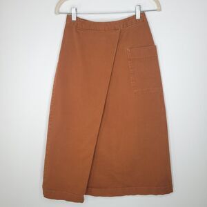 MUJI Brown Asymmetrical Pleat Midi Skirt Size S Cotton Pockets Chore Pocket Zip
